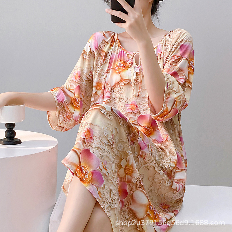 2025 新しい女性のための寝間着春と夏の綿シルク新中国風クールな人工綿ロングスカート綿シルクパジャマ大きいサイズ|undefined