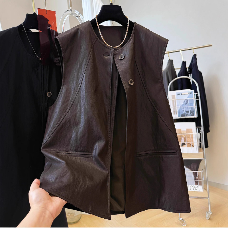 In-Stock New Stylish Round-Neck Sleeveless Leather Vest for Women, Autumn Layering Vest Jacket