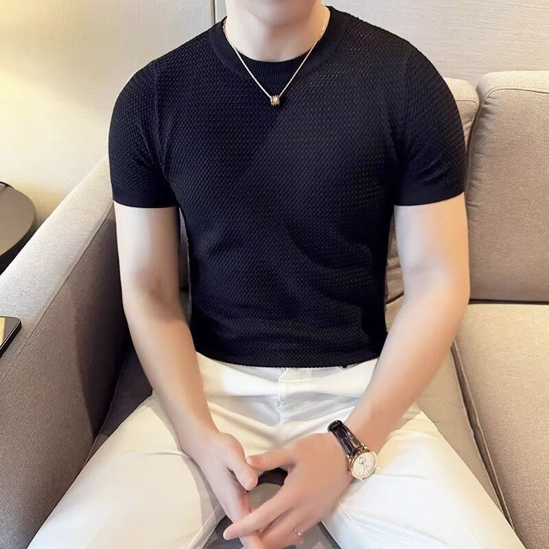 Verano nuevo cuello redondo camiseta de manga corta camiseta de punto hombre hielo delgado camiseta comercial delgada comercio exterior al por mayor transfronterizo