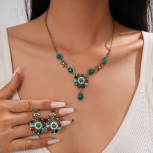 2件套欧美镶钻圆形花朵水滴形耳钉项链宫廷风环保轻奢高级感项饰