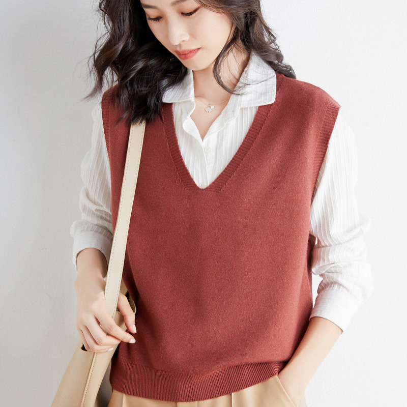 Wool Blend 2024 Autumn and Winter New Women's Loose V-Neck Pure Color Short Pullover Waistcoat Knitted Vest