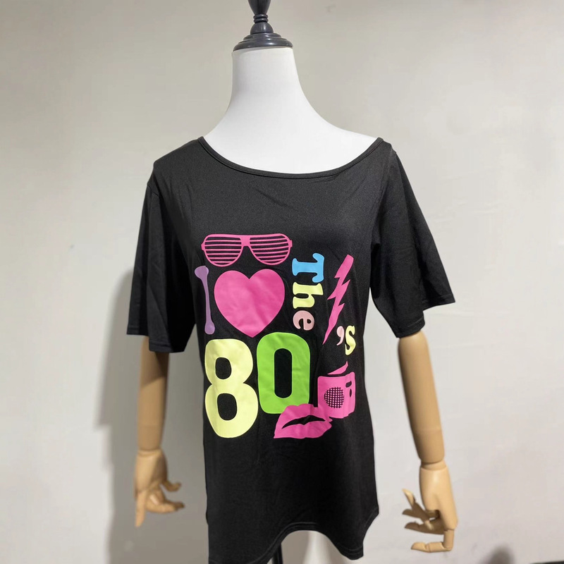 European and American Nostalgic 80S Women's Clothing Printed Off-Shoulder Sexy Asymmetrical Short-Sleeved T-Shirt Top European and American Nostalgic 80S Women's Clothing Printed Off-Shoulder Sexy Asymmetrical Short-Sleeved T-Shirt Top