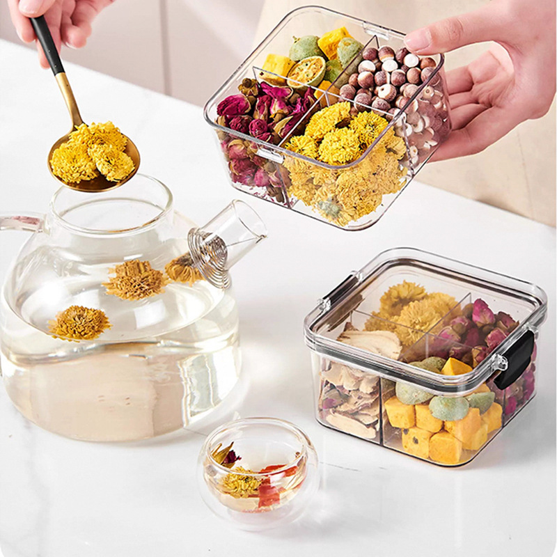 Square Scented Tea Packaging Box 460ml Plastic Four-Compartment Sealed Jar Food-Grade Storage Crisper Storage Jar