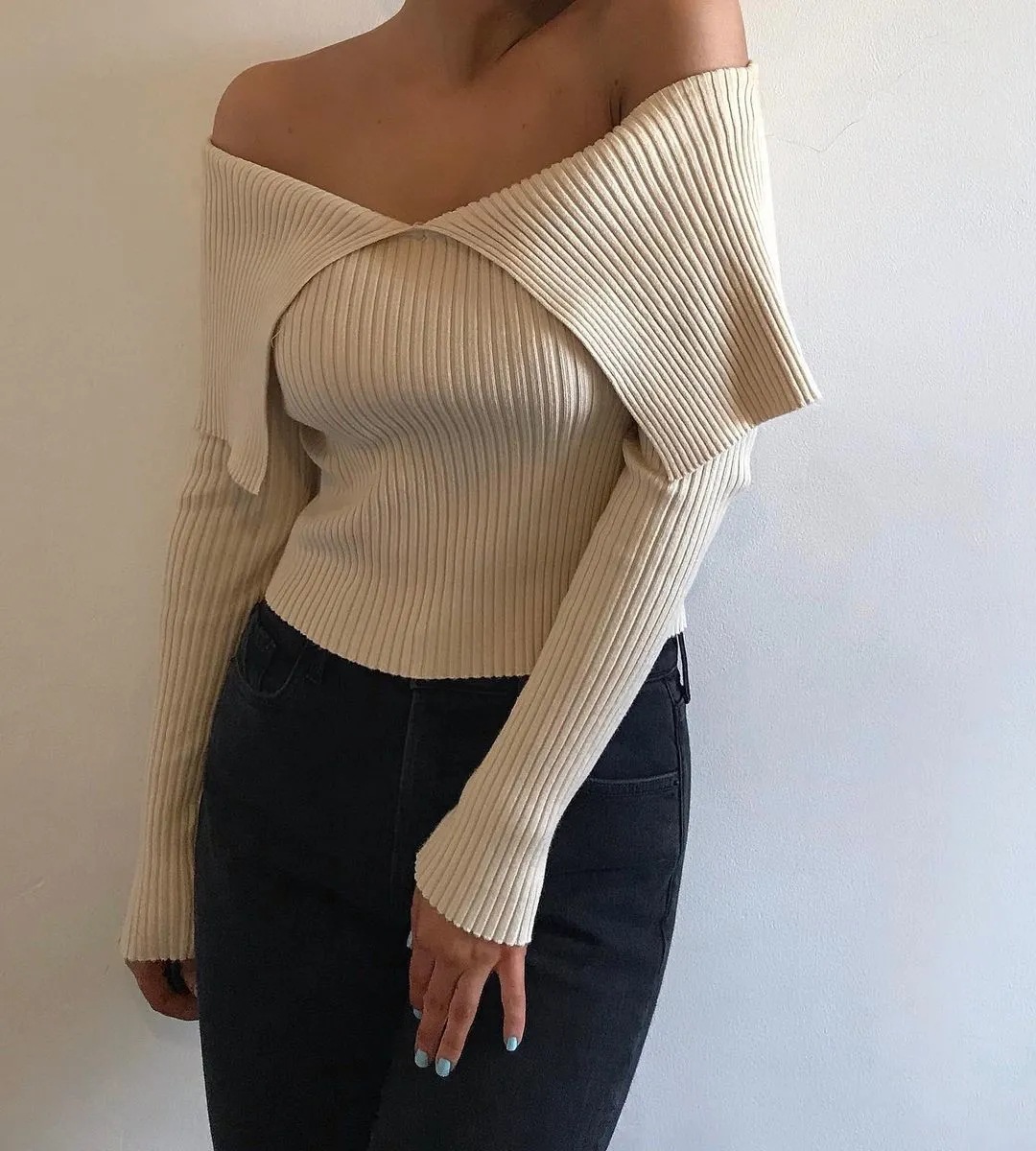 one-word neck off-the-shoulder long-sleeved slim fit lapel pullover sweater NSZQW138873