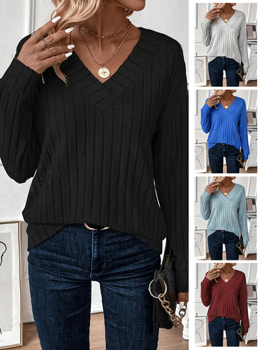New cross-border foreign trade European and American Amazon long-sleeved V-neck ribbed casual solid color top loose women's clothing