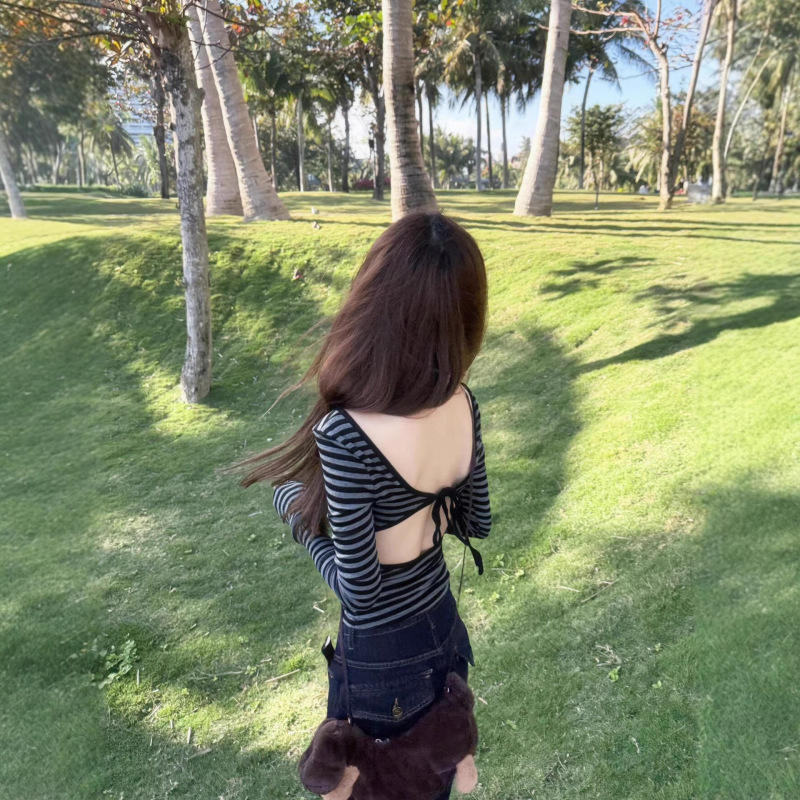 American Retro Striped U-Neck Backless Tie Long-Sleeve T-Shirt for Women, Spring Sexy Slim-Fit Waist-Cinching Inner Top