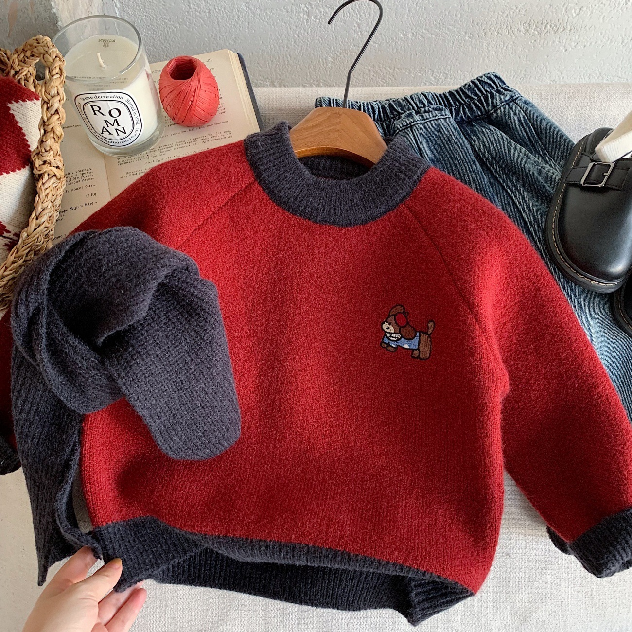 Children's festive winter red base body-friendly sweater