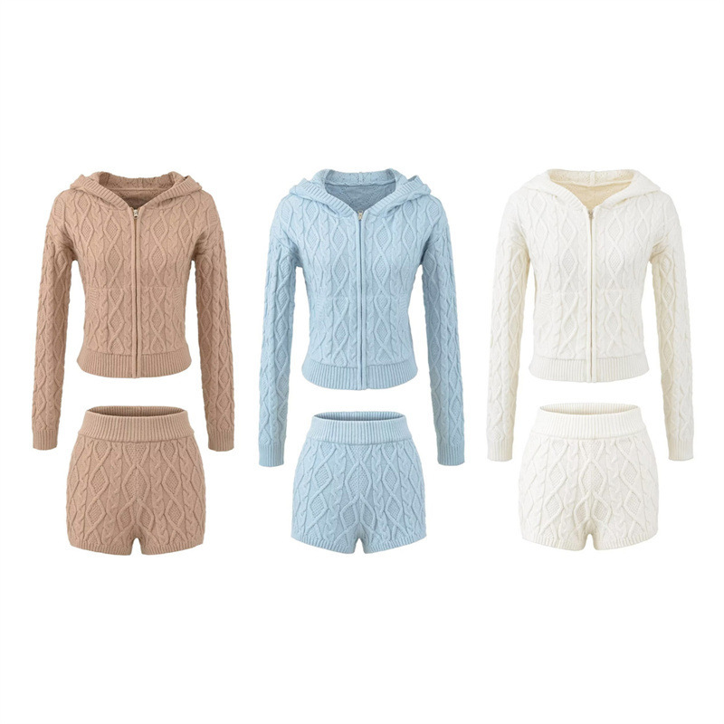 Old Money Style Slimming Cable Knit Hooded Cardigan Slim Fit Casual Outerwear with Hip-Hugging Shorts Knit Two-Piece Set for Women