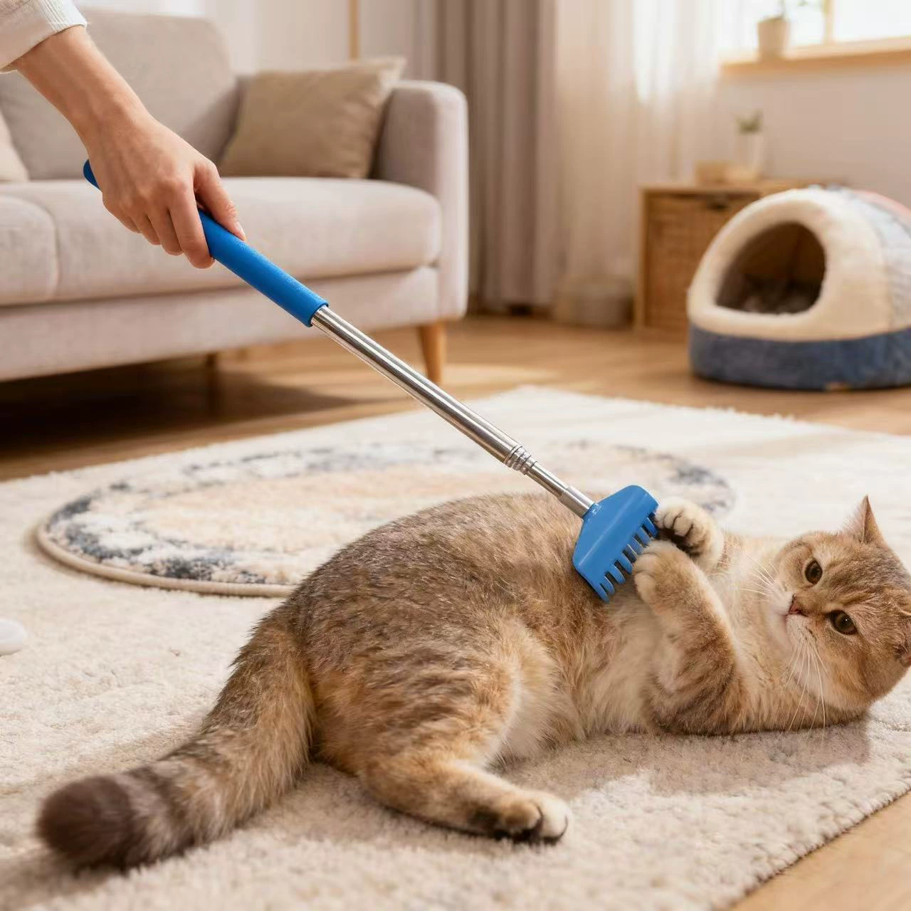 Кошка щекочет грабли из нержавеющей стали