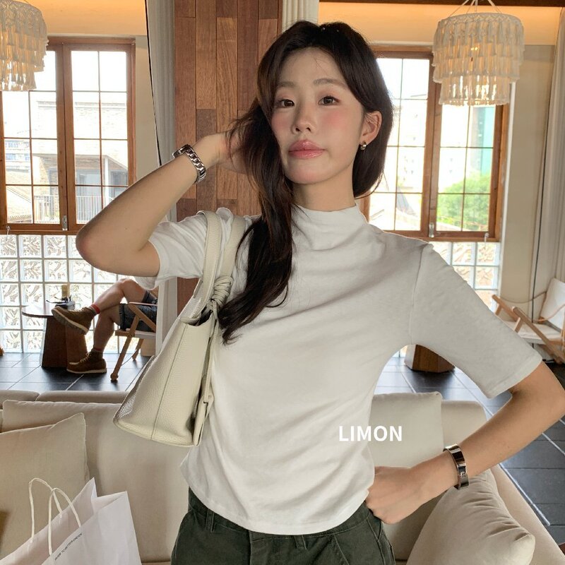 THE LEMON Lemon Green Tea 2026 Autumn Design Half-High Collar Short-Sleeve Knit T-Shirt Women's Base Shirt Top THE LEMON Lemon Green Tea 2026 Autumn Design Half-High Collar Short-Sleeve Knit T-Shirt Women's Base Shirt Top
