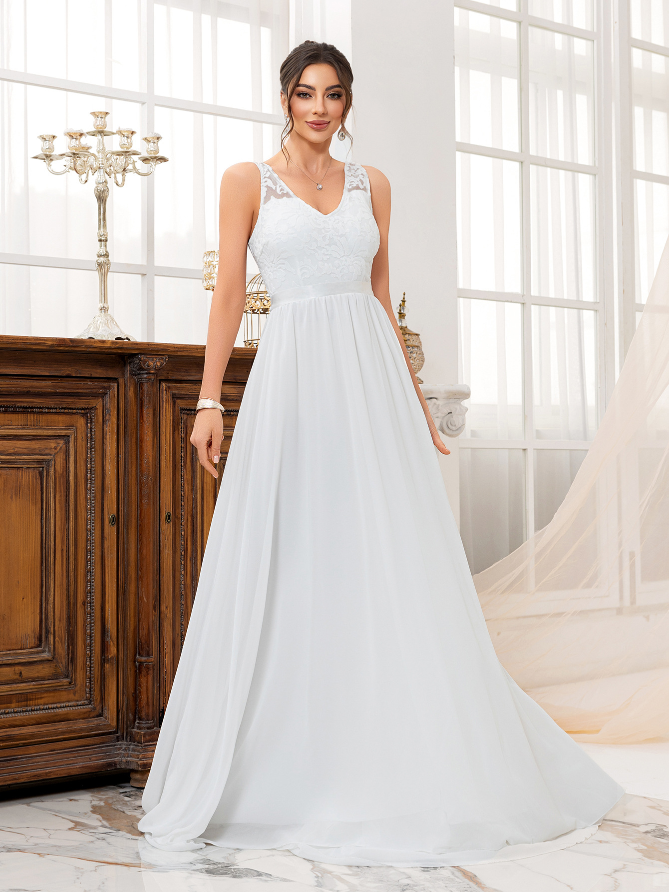 Nuevo vestido de novia de vestido de cola larga de color sólido con tirantes transfronterizos europeos y americanos image 5