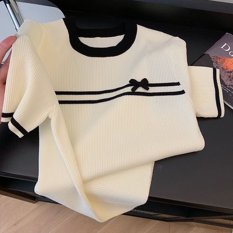 ゆったり痩身【40-100kg】ラウンドネックコントラストアイスシルクトップレディース夏リボン右肩半袖Tシャツ|undefined