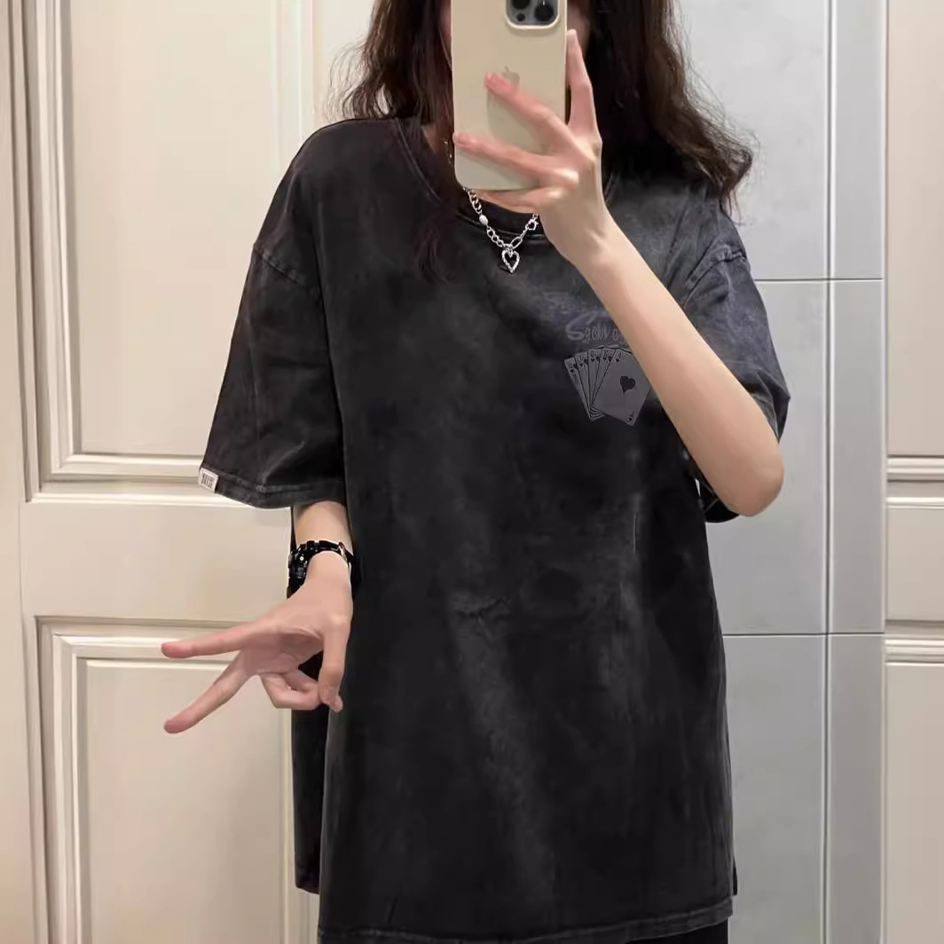 Americano Retro lavado viejo moda marca poker dados Mahjong espuma impresa Camiseta de manga corta de los hombres y las mujeres de la camiseta de la moda