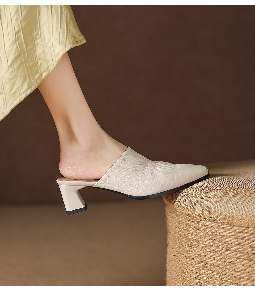 Sandal nữ bít mũi hở gót cao gót thô 5 cm, da bò mùa xuân hè — đen chi tiết 12