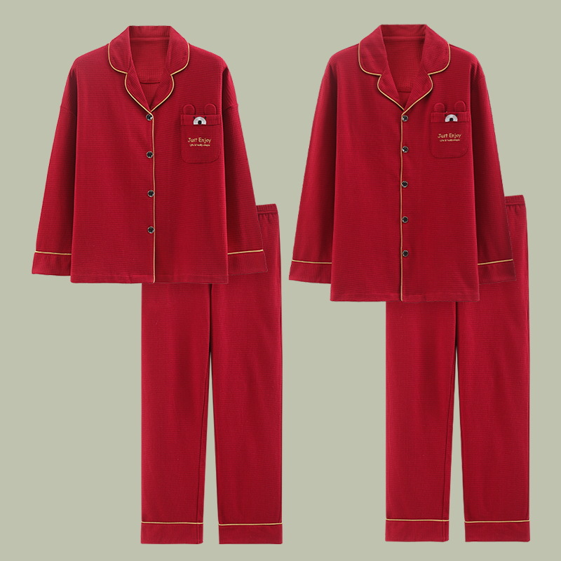 Algodón puro pareja rojo pijamas de las mujeres otoño cardigan solapa manga larga suelta casual homewear traje hombres