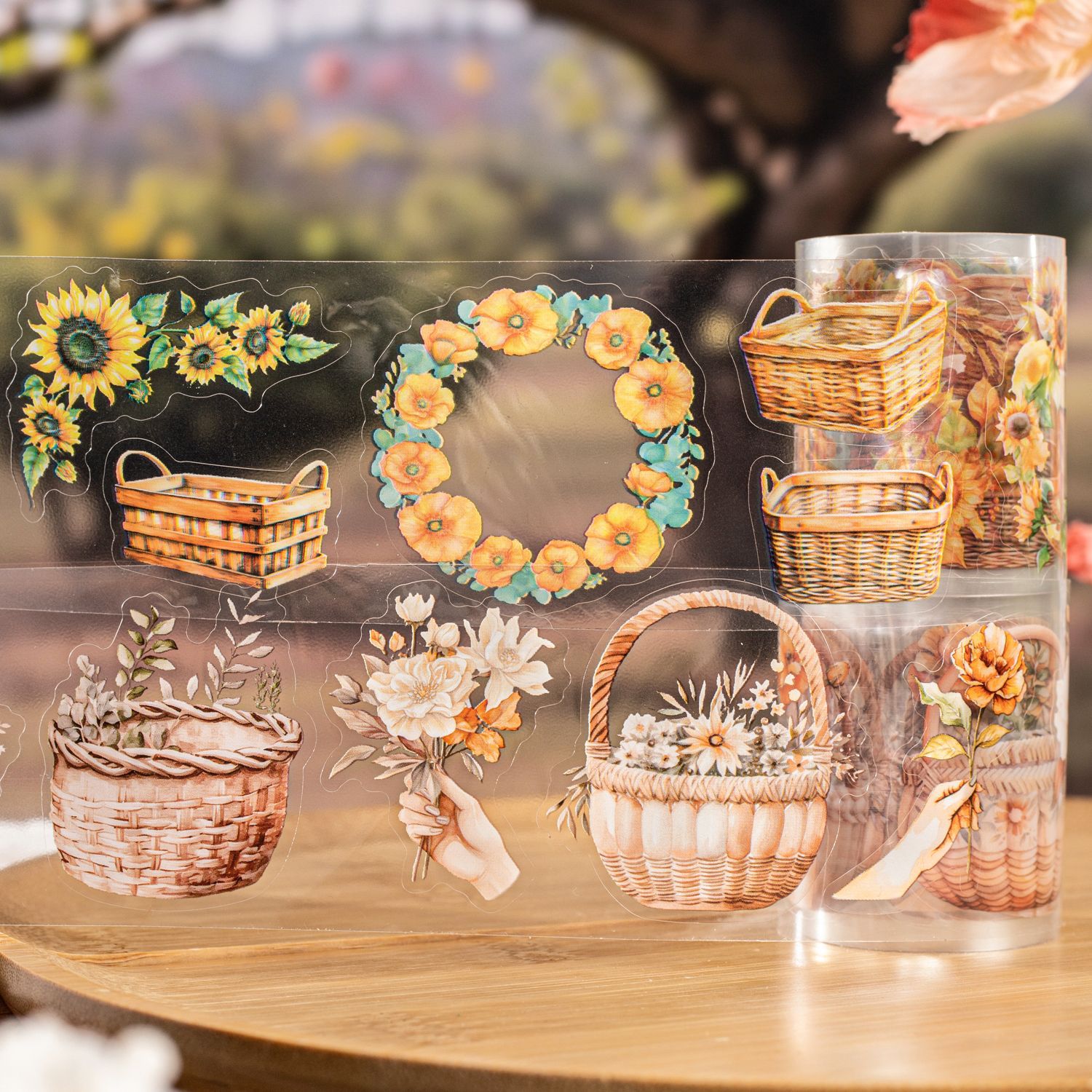 Hermoso día cinta temática de canasta de flores retro temporada de recolección de flores material de decoración de tienda de mano película de corte cinta de pet
