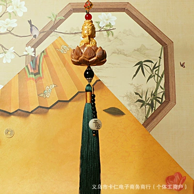 Peach Wood Car Hanging Ornament, Car hanging - long-tassel-guanyin-green