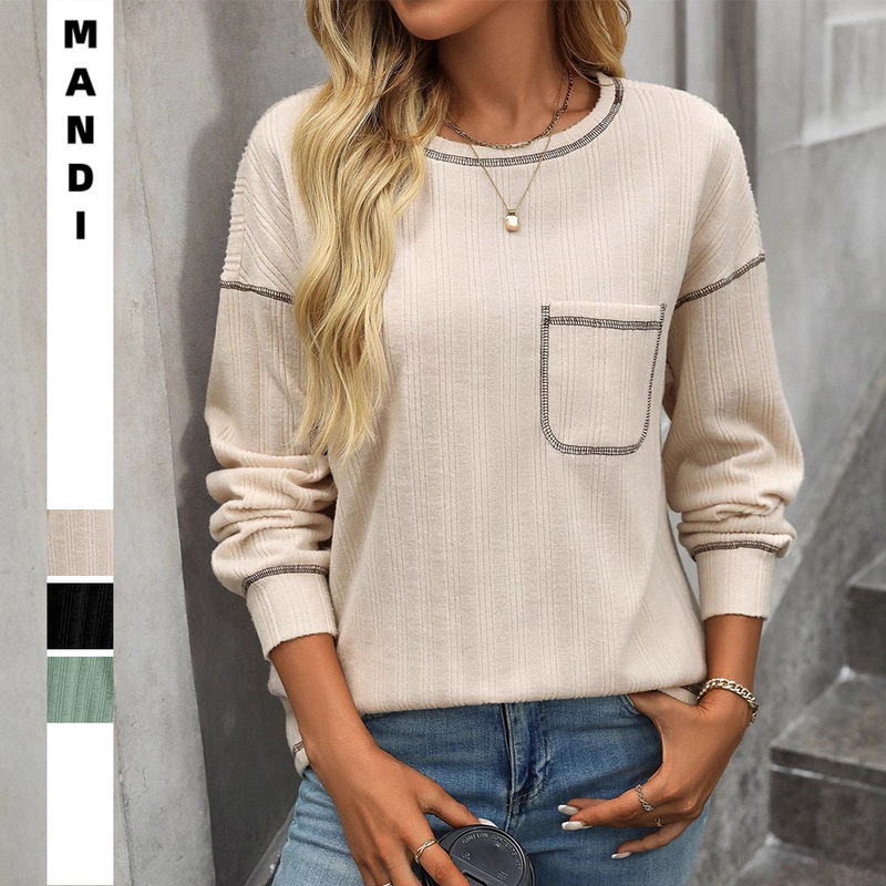 Cross-Border New Women's Amazon Women's Ribbed Brushed Solid Color Round Neck Pocket Casual Loose T-Shirt Women