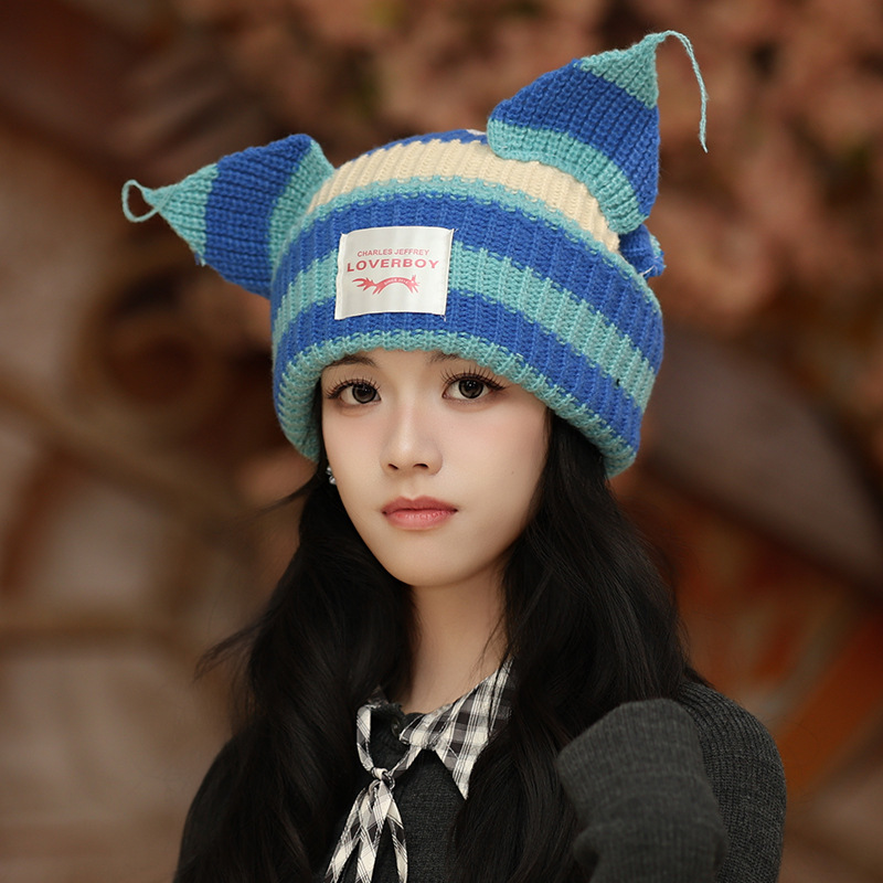彩色条纹猪猪猫耳朵节庆帽子女秋冬休闲学生加厚保暖护耳冷帽跨境|undefined