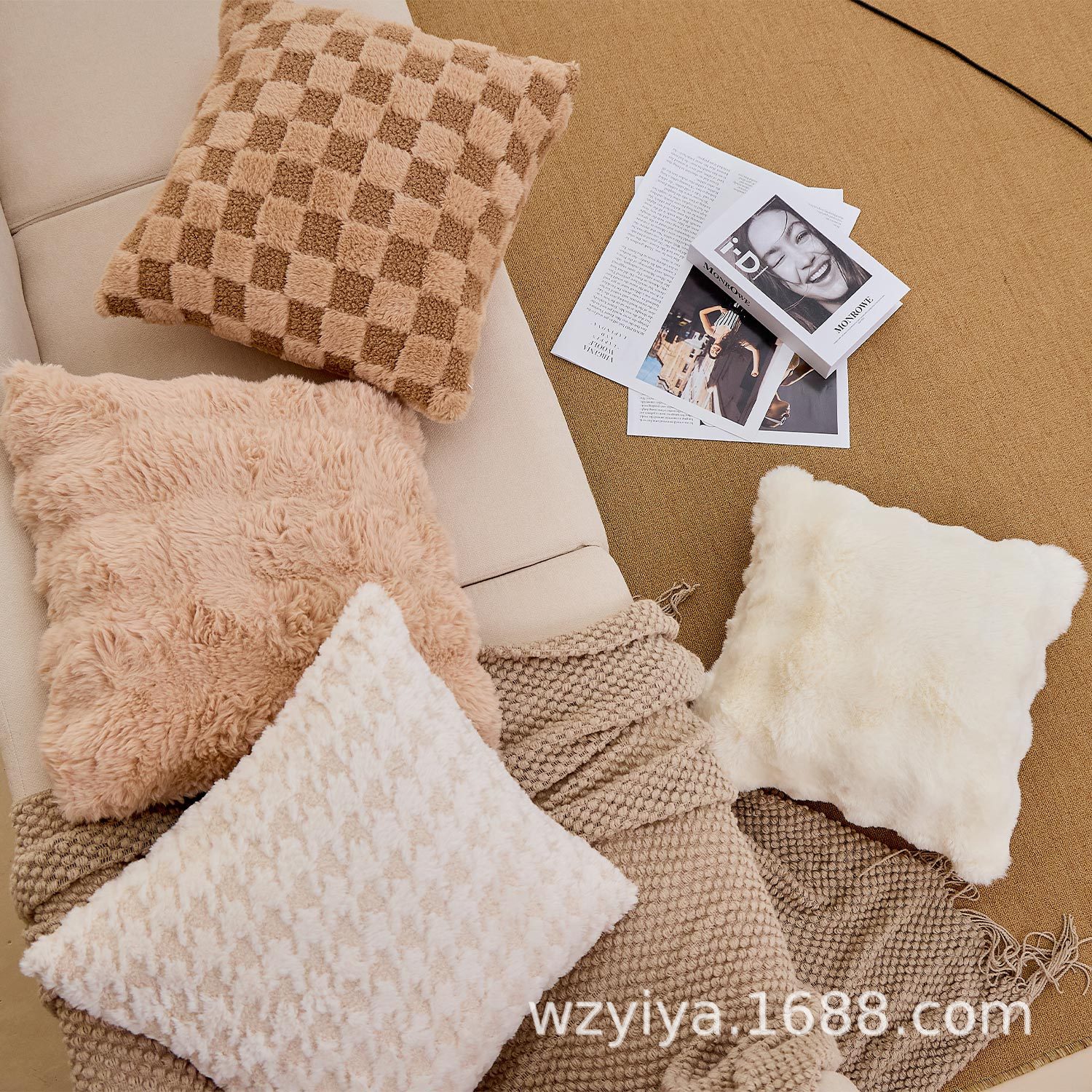 Duas caras de conejo de peluche de lujo pele de grado almohada de textura núcleo sofá cuadrado almohada teñida almohada arco iris