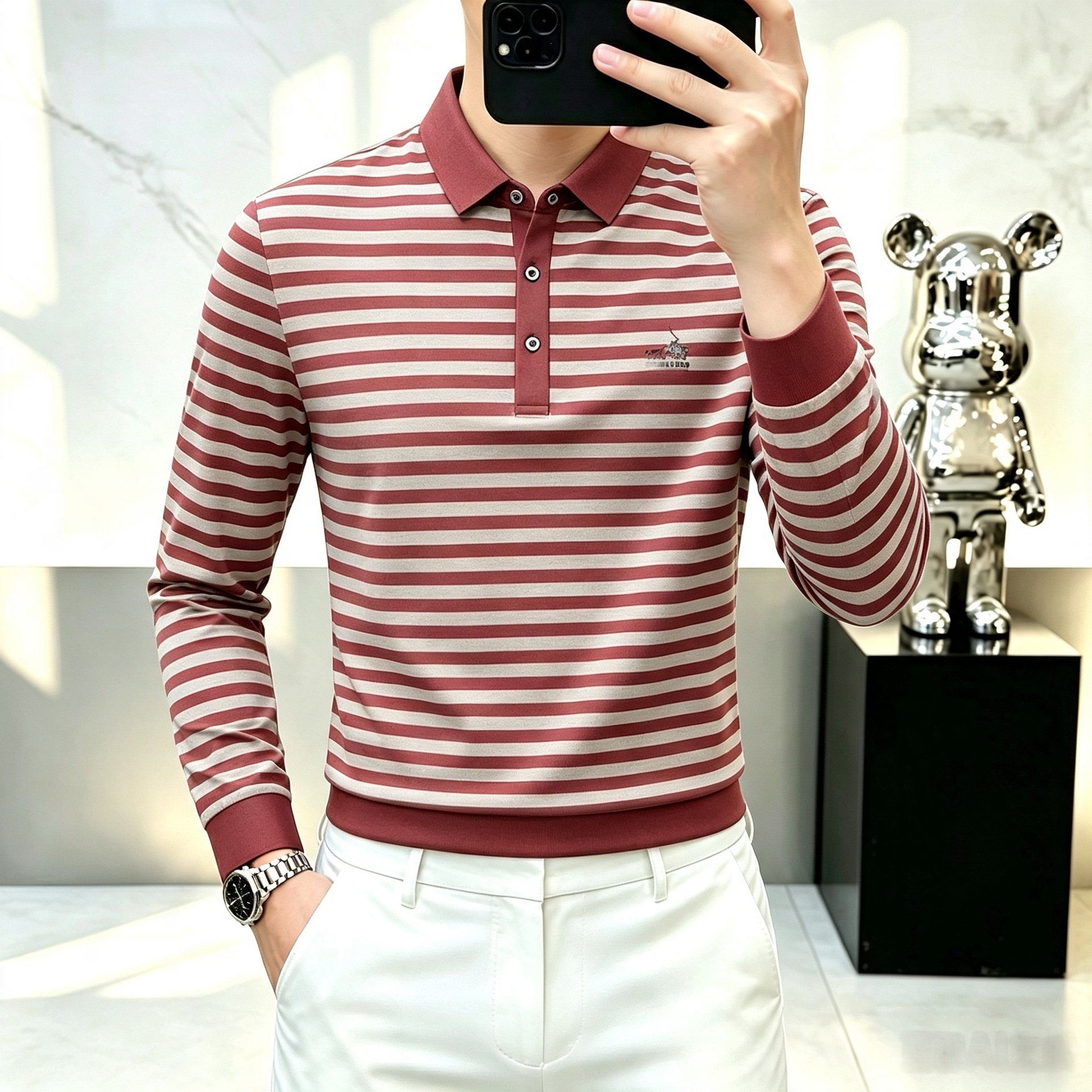 Comfortable, breathable, stylish, and simple striped long-sleeved T-shirt for middle-aged and young men, new spring and autumn style, versatile base layer.