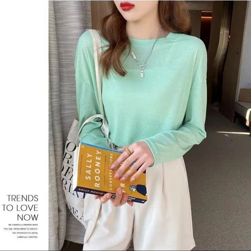 Women's long-sleeved sun protection shirt, summer versatile, youthful, candy-colored loose round neck blouse, ice silk sweet pullover.