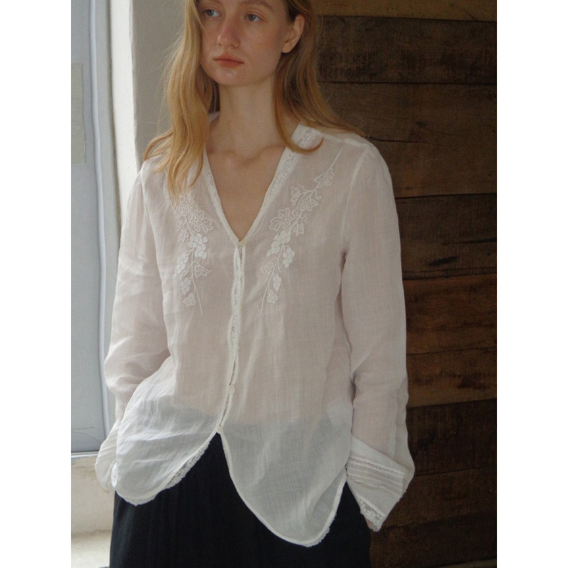 Nice People2026Ss 100% Ramie French Embroidery V-Neck Sheer Lace Blouse