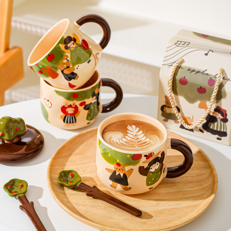 Apple Tree Girl cerámica vintage taza de alto valor con cuchara de cubierta taza de agua de oficina taza de café taza de desayuno