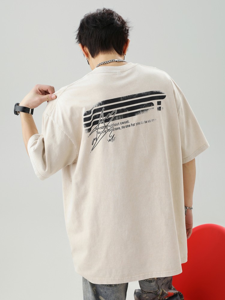 スノーフレークウォッシュ半袖Tシャツメンズ夏新作ブロークンテクスチャレタープリント半袖日本製ルーズTシャツq