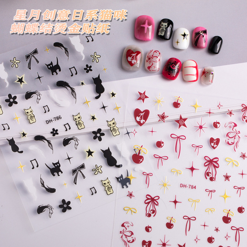 Cross-Border Ins Style Nail Art Stickers Wine Red Cherry Bow Dark Spider New Nail Decoration Adhesive Stickers
