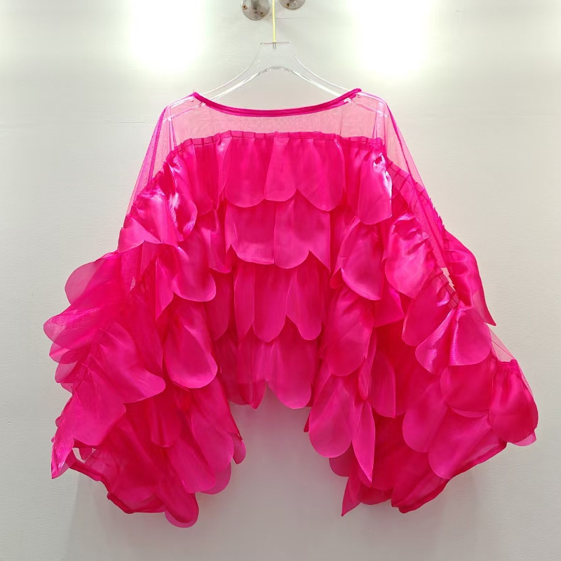 Niche Design Sense Foreign Style Feminine Pearlescent Irregular Ruffled Decoration Chic Bat Sleeve Shirt Top Trendy