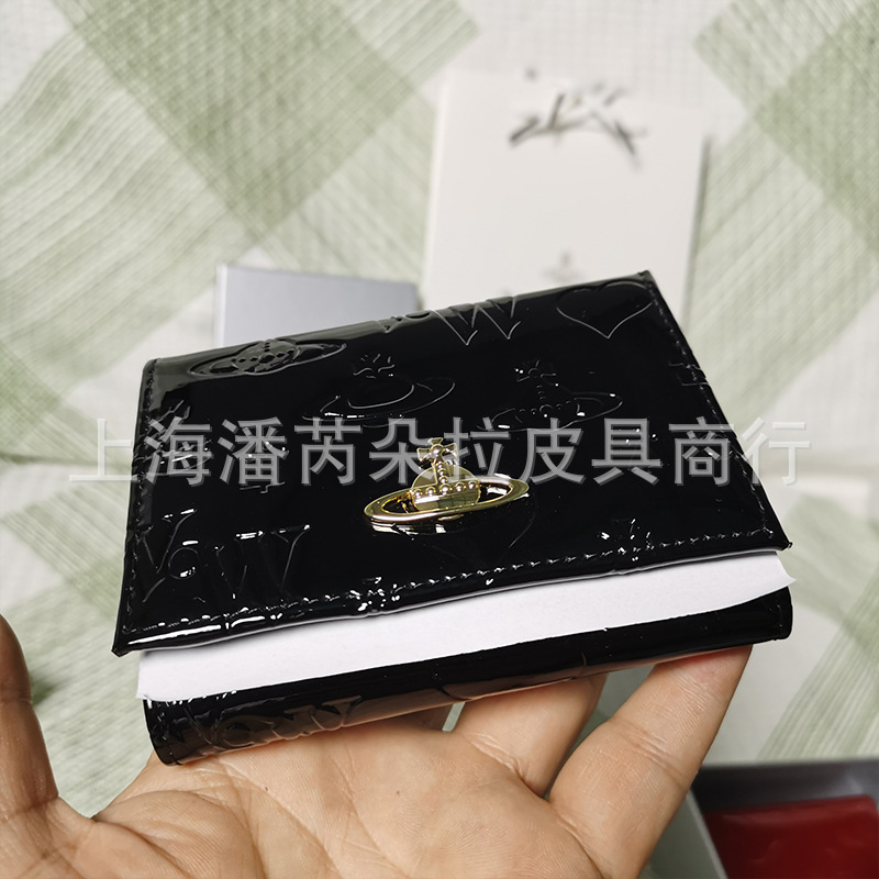 2024新型小衆西太后土星ワニ紋牛革三つ折り財布小銭入れ黒シンプル多カード位