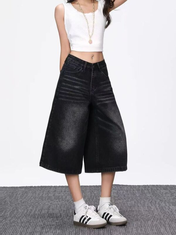 American Black Denim Cropped Summer Retro Mid-Pants New Washed High-Waisted Loose Casual Straight Shorts Pants American Black Denim Cropped Summer Retro Mid-Pants New Washed High-Waisted Loose Casual Straight Shorts Pants