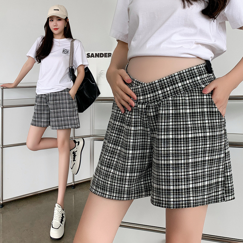 Maternity Plaid Shorts, Summer Thin Style, Trendy Loose Fit with Belly Support, Wide-Leg Sports Casual Three-Quarter Length Shorts