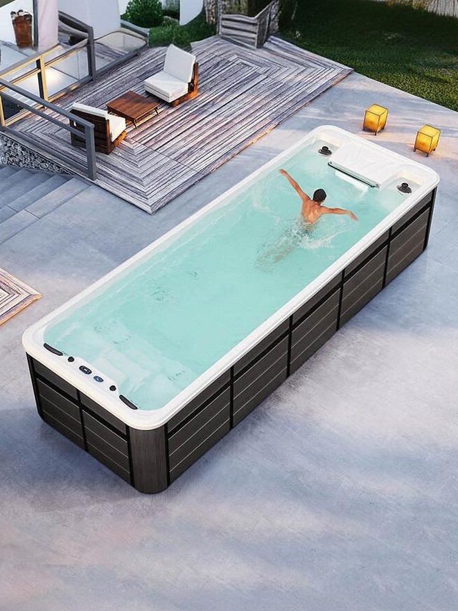 Ruikang inteligente interior y exterior temperatura constante piscina infinita surf producto acabado de acondicionamiento físico todo en uno máquina de natación infinita