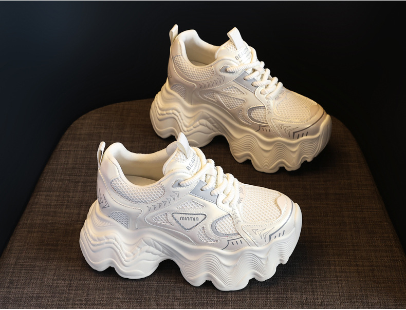 Giày thể thao nữ đế dày tăng chiều cao lưới thoáng khí phong cách dad sneaker — Màu be chi tiết 7