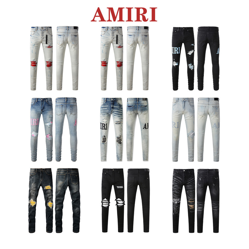 European and American Trendy Brand Ami Ami Li Brand Jeans, Fashionable Slim-Fit Skinny Ripped Distressed Denim Pants