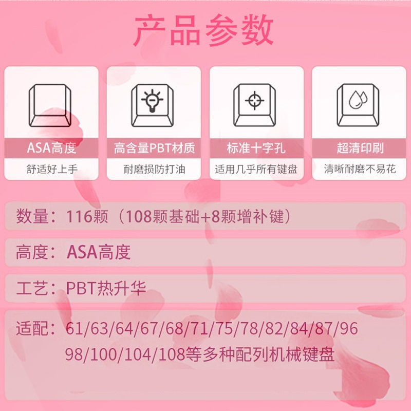 Keycap Set Gradient Pink Cherry Blossom PBT Sublimation, Transparent Light-Transmitting Crystal, Full Set 87108