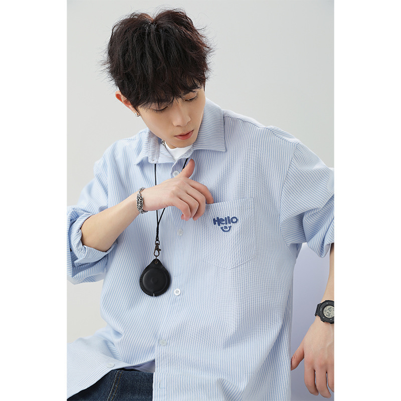 Pocket Three-Dimensional Embroidered Long-Sleeve Shirt, New Spring/Summer Color-Blocked Vertical Striped Japanese-Style Loose Couple Shirt Jacket Q