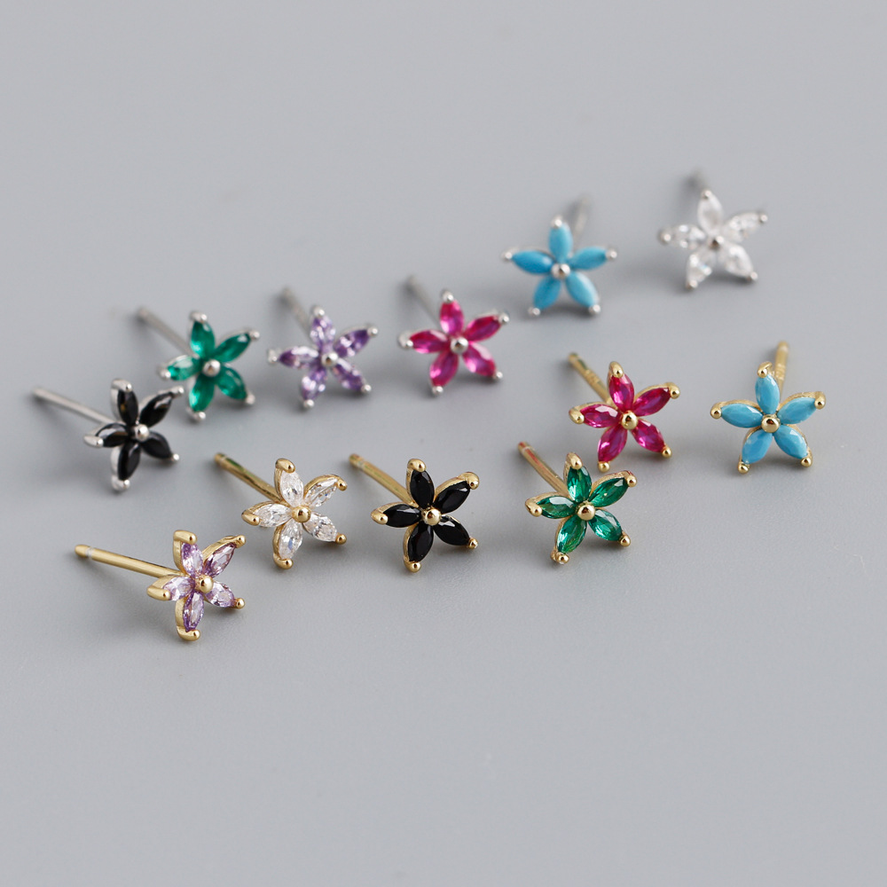 Sweet Flower Silver Inlay Zircon Ear Studs 1 Pair