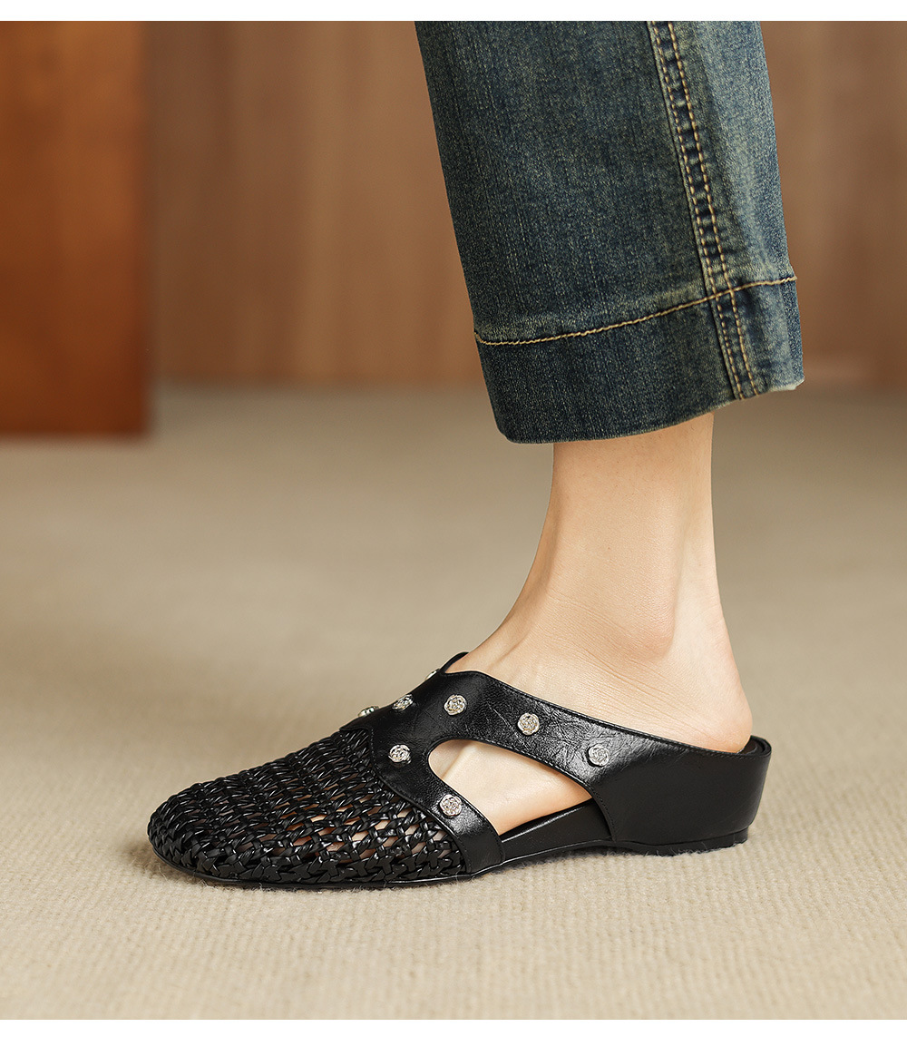 Dép sandal nữ quai chữ V phong cách vintage, mũi kín, đế xuồng thoải mái — đen chi tiết 19