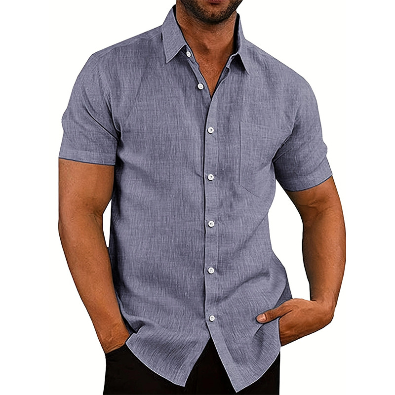 Herrenhemd, sommerlicher, kühler Strandurlaub, kurzärmliger, einfarbiger, lockerer Kragen, Oberteil mit bügelfreien Knöpfen_voghion.com