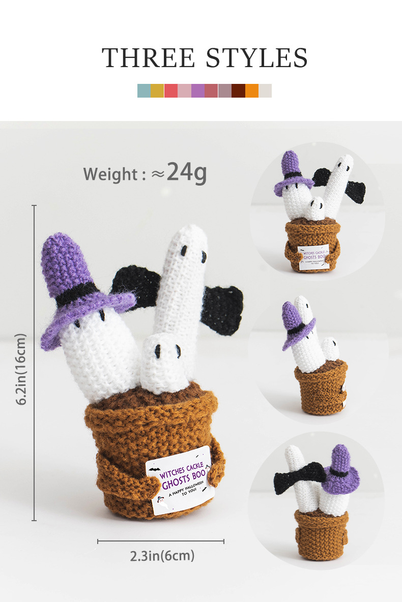 Halloween cross-border new funny expression dolls, positive energy woolen knitted ghost ornaments, potted plant card dolls pic 2
