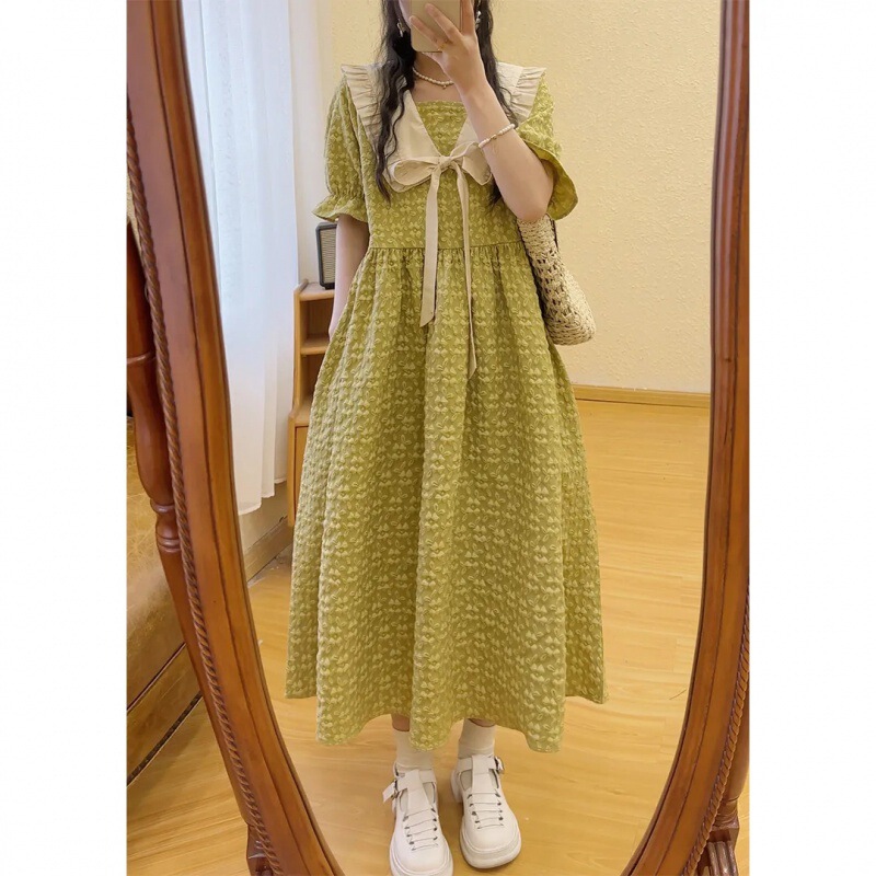 Sweet French Jacquard Doll Collar Dress Large Size Flesh Covering Hip Covering Slimming Fashionable Over-the-Knee Skirt 2023 Xia Xin