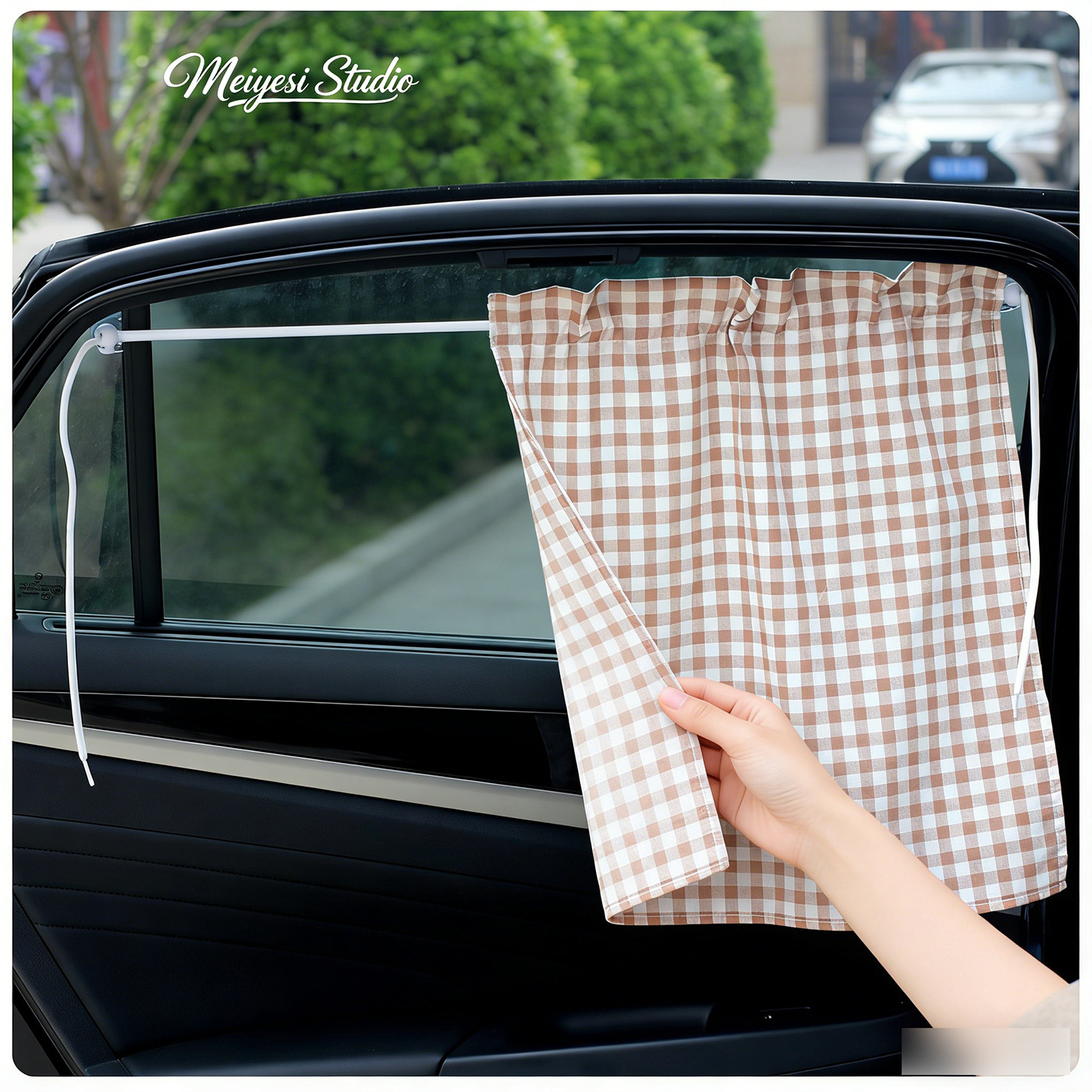 2026 Car Sunshade Curtain Side Curtain Cartoon Cotton Plaid Car Curtain Summer Sun Protection and Heat Insulation Car Sunshade