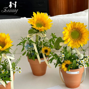 Teacher's Day Imitation Pottery Small Flower Pot Sunflower Bouquet Handmade DIY Floral Plastic Flower Arrangement Bucket Planting Succulent Potted Plant