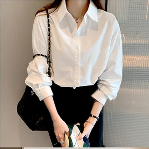 Basic long-sleeved white shirt for women, new versatile basic workwear, can be layered, retro-style women's shirt
