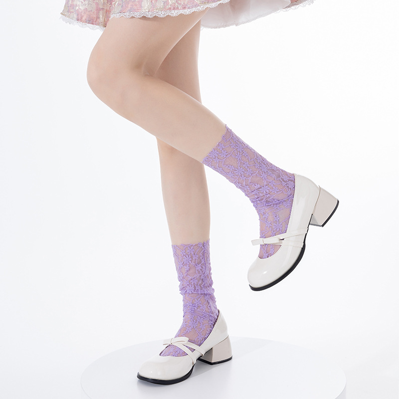 Calcetines de pila de estilo fino de verano, flor de encaje, medias jk huecas, estilo de ballet, malla transpirable, chica miu, tubo medio