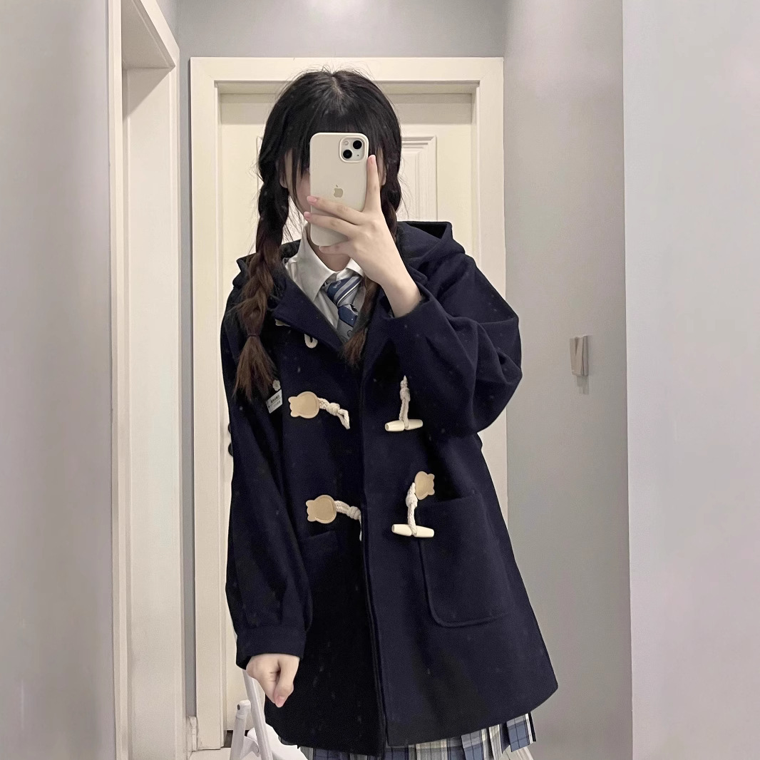 2024外套女冬季小个子学院风加厚中长款牛角扣毛呢大衣女连帽