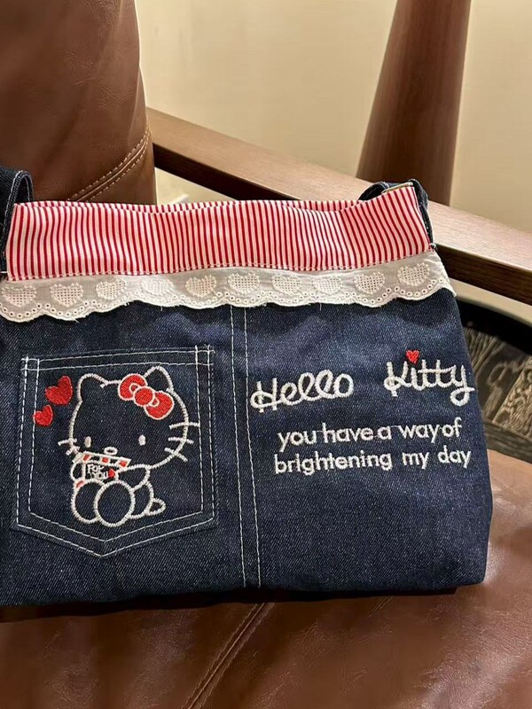 HelloKitty可爱新款单肩斜挎包ins牛仔撞色条纹刺绣大容量包包|undefined